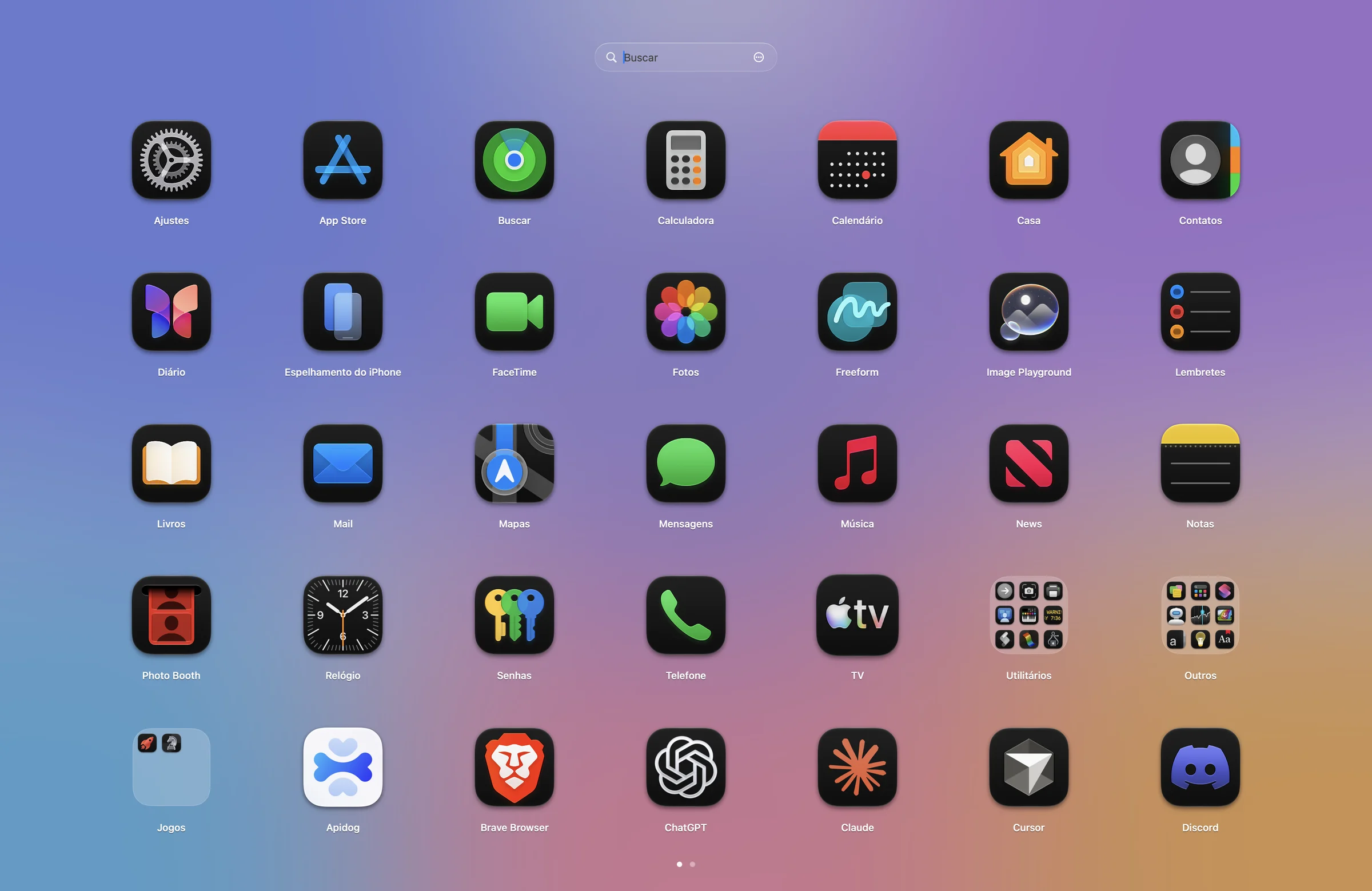 Halo Launch mostrando todos os apps numa grade sobre a mesa desfocada, com as pastas Utilitários, Outros e Jogos